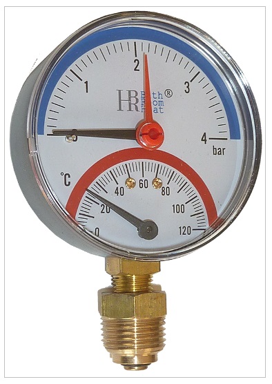 BRH termomanométer ø80mm, 1/2" visszacsapószeleppel, 0-4bar/0-120°C, alsó csatl.