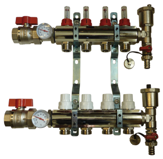 BRH osztó-gyűjtő, csap+hőmérő, osztóvég 1"BB-3/4"eurokonus 8 kör