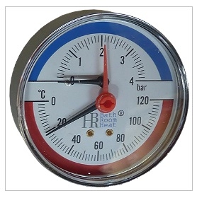 BRH termomanométer ø80mm, 1/2" visszacsapószeleppel, 0-4bar/0-120°C,hátsó csatl.