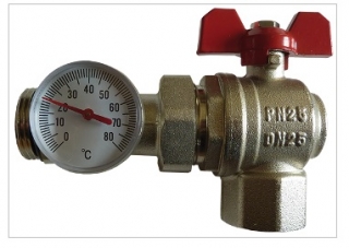 BRH golyóscsap hőmérővel 1"KB, sarok, hőmérő: ø40mm/0-120°C